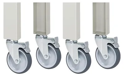 Zdjęcie produktu dla Zestaw kółek do obciążenia: 4 kółka jezdne, w tym 1 koło z blokadą. Kółka o średnicy 125 mm, przeznaczone do stołów roboczych, wysokość: 750-1100 mm