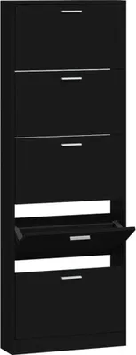 A black shoe cabinet with multiple flip-down drawers.