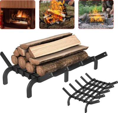 Productafbeelding van XINZI Stalen houtrooster voor open haard, 42x30x12cm, V-vormig houtrek, zwart. Houtrek met 4 steunpoten, geschikt voor het plaatsen van hout voor de open haard, belastbaar tot 50 kg