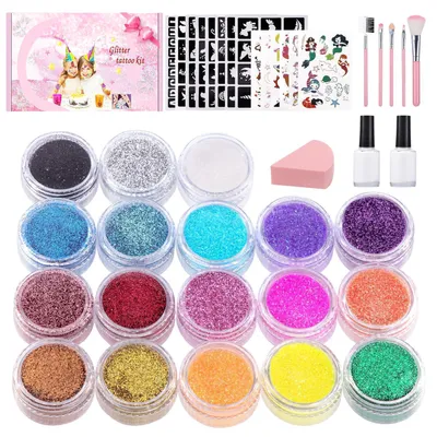 Zdjęcie produktu dla Zestaw do tworzenia tymczasowych tatuaży "Glitzertattoos" dla dzieci, 18 kolorów, 115 szablonów, idealny na Halloween