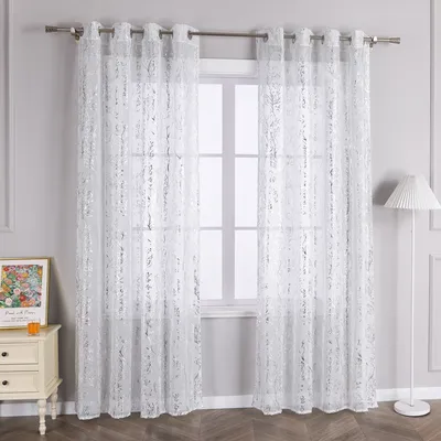 Produktbild von Joyswahl Vorhang mit Ösen Voile Gardinen mit glänzendem Zweigdruck Transparent Ösenschal Schlafzimmer Wohnzimmer HxB 225x140 cm Silber 1 Stück