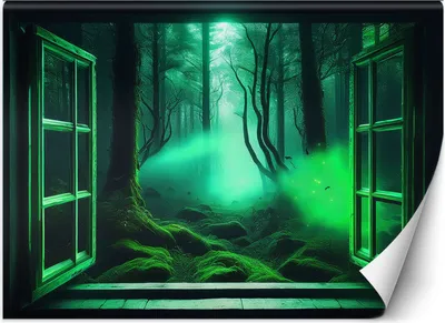 Produktbild von Vlies fototapete Blick aus dem Fenster Fantastischer Wald 450x315 cm Feeby Grün inkl. Kleber einfache Montage