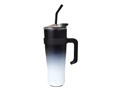 A product shot of a thermos cup with a handle and straw.