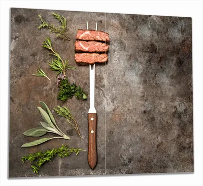 Produktbild von Wallario Herdabdeckplatte aus Glas, Größe 60 x 52 cm 2-teilig, Motiv Grillfleisch mit frischen Kräutern