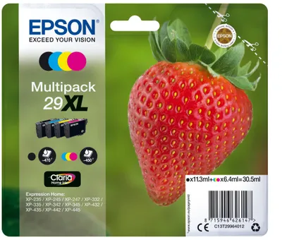 Zdjęcie produktu dla Epson Strawberry Multipack 4-colours 29XL Claria Home Ink, Czarny, Cyjan, Purpurowy, Żółty, 11,3 ml, 6,4 ml, 1 szt., 470 stron(y), Multipak