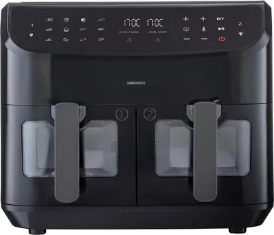 Produktbild von Heißluftfritteuse MEDION P20 XXL Twin, 2600W, 2 Körbe, 9 Programme, Schwarz