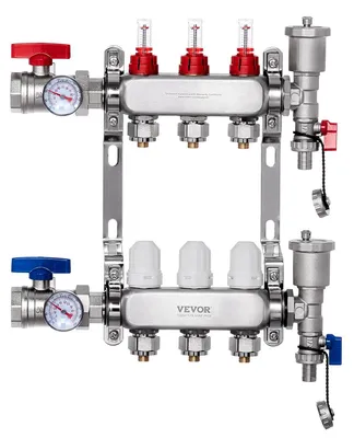 Produktbild von VEVOR 12-Ast Strahlungsheizungsverteiler, 1/2" PEX Rohrverteiler, Edelstahl PEX Verteiler für hydronische Fußbodenheizung, Strahlungsheizungs-PEX Verteiler-Kit mit 1/2" Adaptern enthalten, 3 Zweige