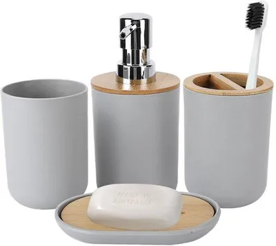 Produktbild von Ibenzoa® Modernes 4‑teiliges Badezimmer-Set – Zahnbürstenhalter, Zahnbürstenbecher, Seifenspender & Seifenablage, Grau mit Bambus‑Akzent, Kunststoff