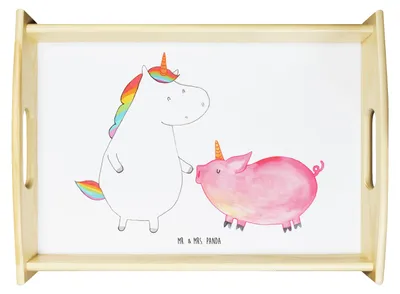 Produktbild von Mr. & Mrs. Panda Holztablett Einhorn Schwein - Weiß - Geschenk, Schweinchen, Unicorn, Einhörner, Sofa Tablett, sofatablett, Deko, aus holz, Freundin