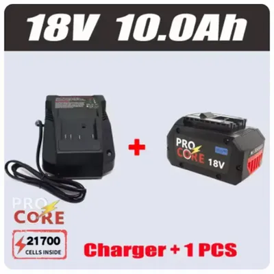 Zdjęcie produktu dla Akumulator 18 V 10,0 Ah – zamienny akumulator litowo-jonowy – ogniwa 21700 – 10 000 mAh – do narzędzi akumulatorowych 18 V – zestaw: 1x akumulator + 1x ładowarka