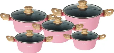 Immagine prodotto di Set di pentole 10 pezzi con coperchi in vetro - adatto all'induzione, rivestimento antiaderente in marmo Rosa
