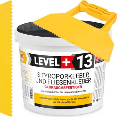 Obrázok produktu pre Súprava lepidla na polystyrén 10 kg Biele dekoračné lepidlo na dlaždice LEVEL+13 a plastová stierka s trojuholníkovým hrotom 5 mm