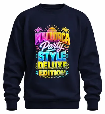 Imagen del producto de Camiseta de manga larga (tipo sudadera) para fiesta en Mallorca, edición "Deluxe", ideal para vacaciones de verano, despedida de soltero/a en Mallorca. Color: azul marino. Talla: L