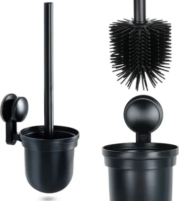 A black toilet brush and holder set displayed against a white background.