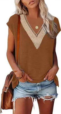 Image de ASKSA Femme T-shirt manches courtes col V Elegant Tunique Hauts Eté Lâches Casual Tops, Marron, M