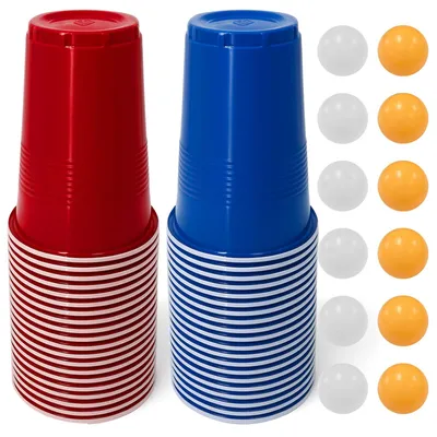 Partybecher-Set, 100 Stück + 12 Bälle, wiederverwendbar, rot-blau