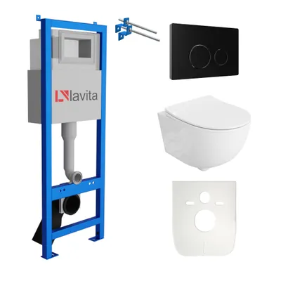 Produktbild von Lavita LAV 101 Vorwandelement für WC 40cm + Wand Hänge Tiefspül WC BRAVA Weiß Spülrandlos + Bedienplatte LAV 200.4.4 Schwarz | Komplettset | Unterputz Spülkasten | Toilette Komplett Sett