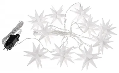 Produktbild von 3D Leuchtstern Lichterkette mit 10 LED-Sternen, ca. 6,75m + Zuleitung, für Innenbereich und Außenbereich, warm-weiß beleuchtet, Timerfunktion (weiß)
