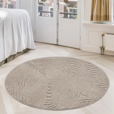 Produktbild von Teppich Rund - 120 cm - Beige - Geometrisches Muster - Allergikerfreundlich - Leicht zu Reinigen - Boho Design