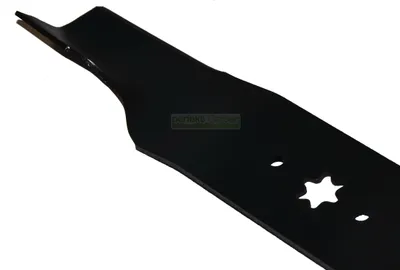 A close-up shot of a black lawnmower blade against a white background.