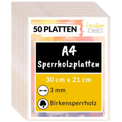 Produktbild von Creative Deco 50 x A4 Holz-Platte | 300 x 210 x 3 ( +/- 0,5 ) mm | Dünne Sperrholz-Zuschnitte | Perfektes Blatt für Laubsäge, Brandmalerei, Laserschnitt, CNC Router, Durchbrochenes