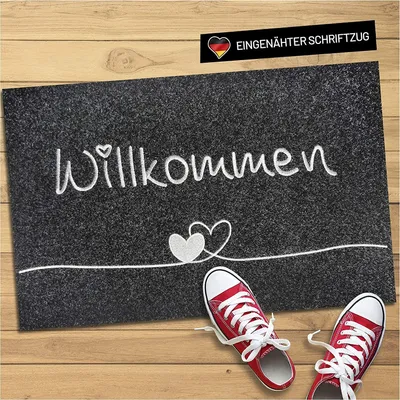 Produktbild von WELLMODA® Fußmatte Premium I genähter Schriftzug Willkommen I Waschbar & rutschfest I Fussmatte für außen & innen I Fußabtreter für Haustür, Garten & als Geschenkidee in 40x60 cm Grau