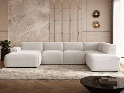 Produktbild von GrainGold Ecksofa U-Form Rechts Belluno - Ecksofa mit Schlaffunktion, Bettkasten - Moderne Ecksofa, Wohnzimmer Sofa - Eckcouch Hellbeige (Castel 03)