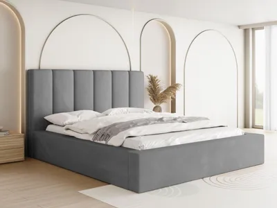 Obrázek produktu pro Čalouněná postel 140x200 s roštem a roštovým rámem - Postel s vysokým čelem, bucle nebo sametová látka - Moderní manželská postel s úložným prostorem - Rám postele, bez matrace - Amira - šedá