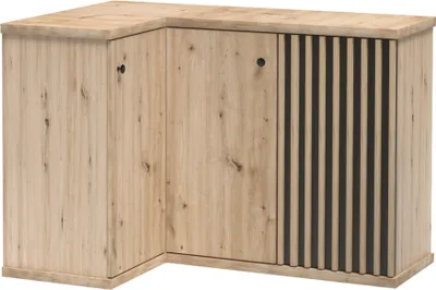 A corner cabinet made of light-colored wood with black accents.
