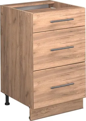 A kitchen cabinet with three drawers on a white background.