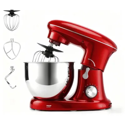 Produktbild von ZMH Küchenmaschine 1400W Edelstahl Rührschüssel Knetmaschine Teigmaschine Knethaken Schneebesen Schüsseldeckel als Spritzschutz für Pizzateig 5L Red
