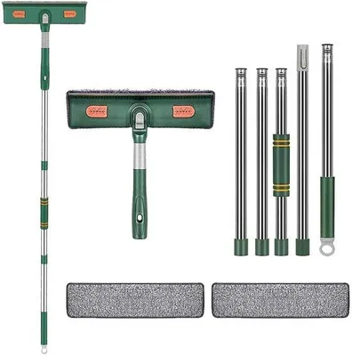Zdjęcie produktu dla Unyqoos® Teleskopowy myjka do okien – 2 w 1: gumowa szczotka i 3 ściereczki z mikrofibry, głowica obrotowa o 180°, teleskopowy uchwyt do 206 cm, do wszystkich powierzchni