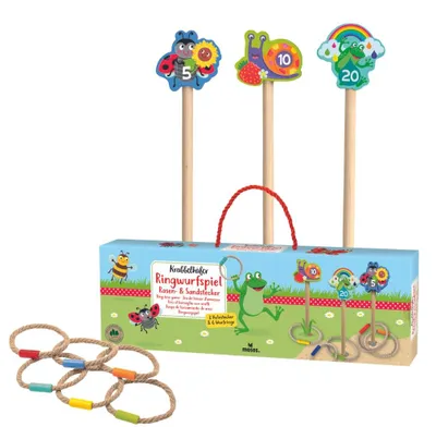 Produktbild von Moses Krabbelkäfer Ringwurfspiel, Wurfspiel für draußen mit 3 Holzsteckern und 6 Wurfringen