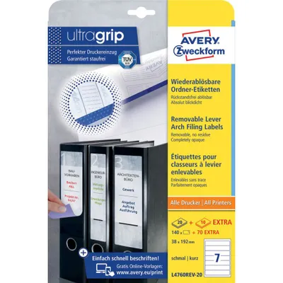Image de Avery Zweckform® L4760REV-20 L4760REV-20 Étiquettes de classeur, 38 x 192 mm, étroites/courtes, 210 étiquettes, blanches