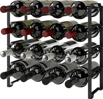 A black metal wine rack holding 16 bottles of wine, arranged in four rows.