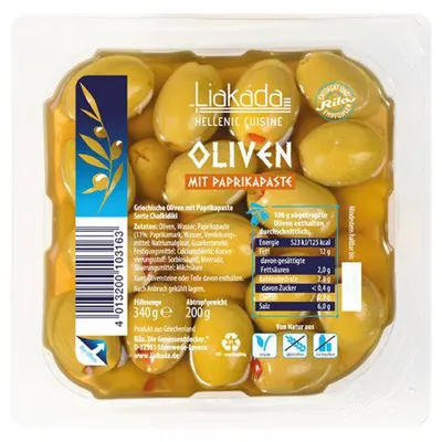 Produktbild von Liakada Grüne Oliven mit Paprikapaste ATG 200g