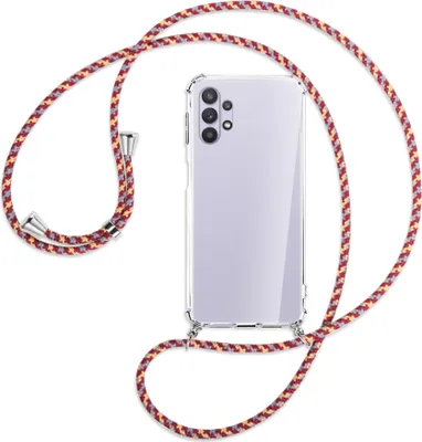 Produktbild von Handykette Backcover-Schutzhülle mit Band (Metall silberfarben) für Samsung Galaxy A32 5G - weinrot/gelb/grau