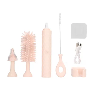 Produktbild von Flaschenreinigungsbürste, IP65 wasserdicht, elektrisch, 2 Geschwindigkeitsstufen, rotierende Silikonborsten, Silikon-Strohhalmbürsten-Set, rosa