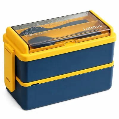 Produktbild von Lunchbox 1400 ml mit 2 Ebenen – stapelbare Brotdose mit Löffel & Gabel, blau-gelb, ideal für Schule, Büro, Picknick & unterwegs
