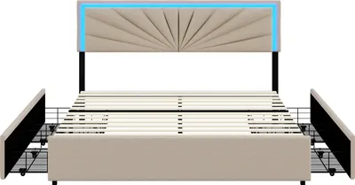 Obrázok produktu pre Manželská posteľ 160 x 200 cm, čalúnená, so 4 zásuvkami a LED osvetlením, lamelový rošt, béžová bielizeň