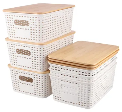 6 Stapelbare Aufbewahrungsboxen mit Bambusdeckeln, 25,5x18,5x10,5 cm