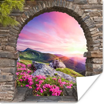 Produktbild von MuchoWow® Poster Landschaft - Aussicht - Blumen - Berg 100x100 cm - Babyzimmer