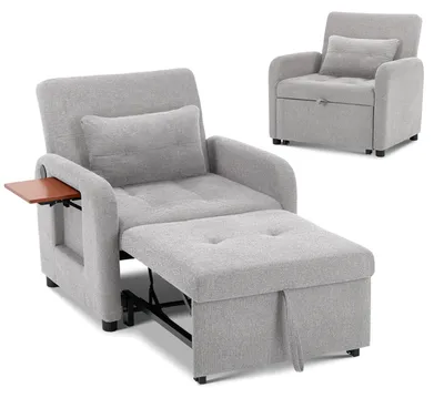 Zdjęcie produktu dla Sofa rozkładane typu "kanapa-łóżko" w jasnoszarym kolorze – wielofunkcyjny materiał, możliwość ustawienia jako sofa lub łóżko, port USB, składany stolik, poduszka, regulowane oparcie