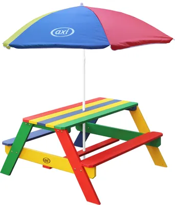 Produktbild von AXI Nick Kinder Picknicktisch aus Holz | Kindertisch in Regenbogen Farben mit Sonnenschirm für den Garten