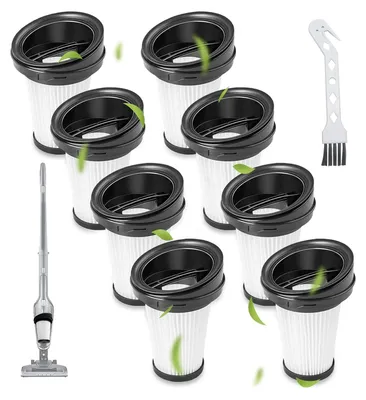 A collection of vacuum cleaner filters and a vacuum cleaner.