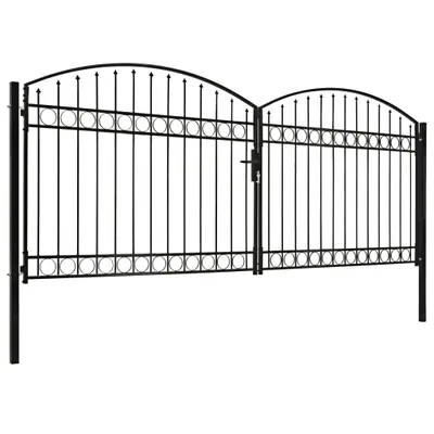 Image de Portail de clôture double battant pointe bombée acier 400 x 175 cm noir