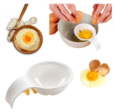 Produktbild von Eigelb-Trenner in Weiß, Eiertrenner für rohe Eier, Schüssel-Clip und Sieb für das Backen von Kuchen, Küchenhelfer und Kochutensil