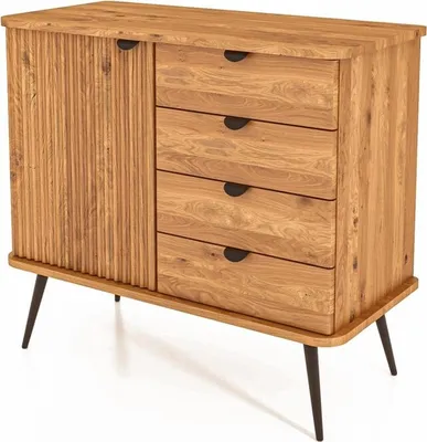 Produktbild von Kommode Tula Wildeiche massiv 97x46x87 mit 4 Schubladen 1 Tür Riffelfront