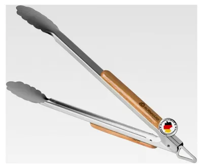 Produktbild von Lange Grillzange aus Edelstahl (45 cm) mit Akazienholzgriff, Grillzubehör, Aufhängeösen