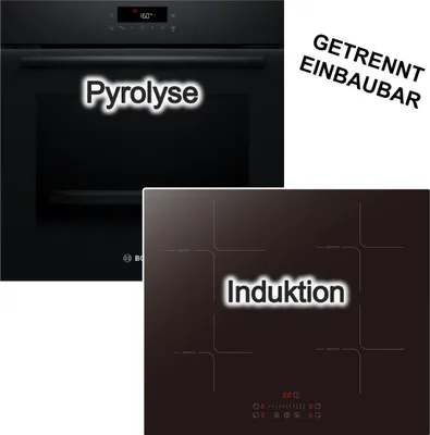 Produktbild von Herdset BOSCH Backofen Pyrolyse 3D Heissluft + PKM Induktionskochfeld Booster Schwarz Touch Slider autark